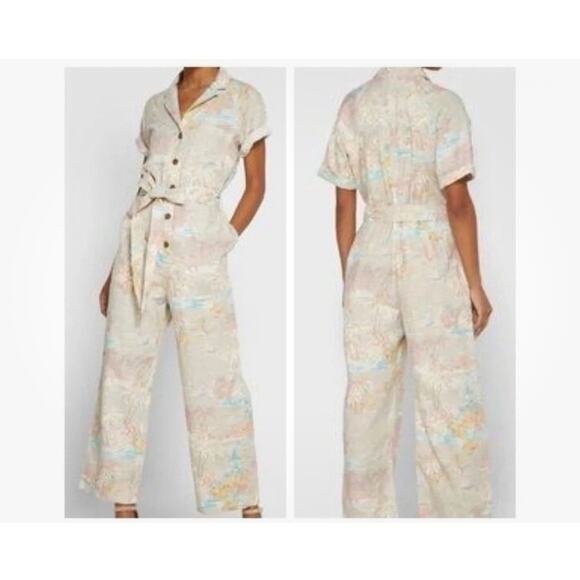 GAP Linen Jumpsuit Womens 8 Beige Tropical Floral Button Front Collared Belted - Picture 2 of 8